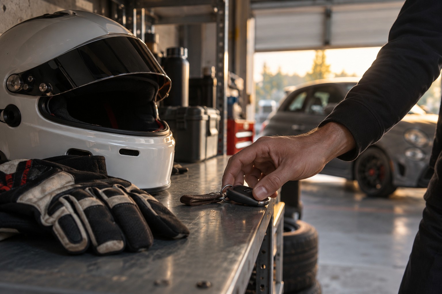 Helm, Fahrhandschuhe und Autoschlüssel auf einem Metallregal in einer Garage