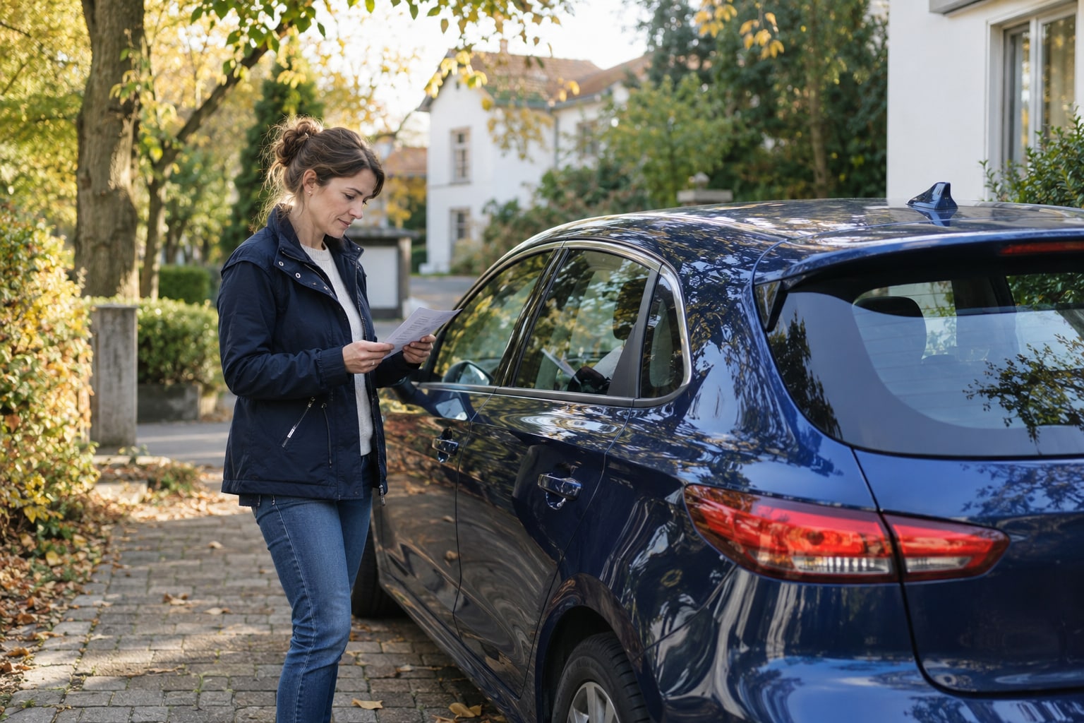 ADAC Kfz-Versicherung: Clubleistungen und Autotarif erfüllen unterschiedliche Aufgaben. Frau liest Fahrzeugunterlagen neben einem blauen Kompaktwagen in einer Wohnstraße