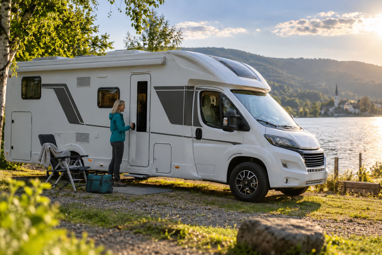Frau neben einem weißen teilintegrierten Wohnmobil an einem See