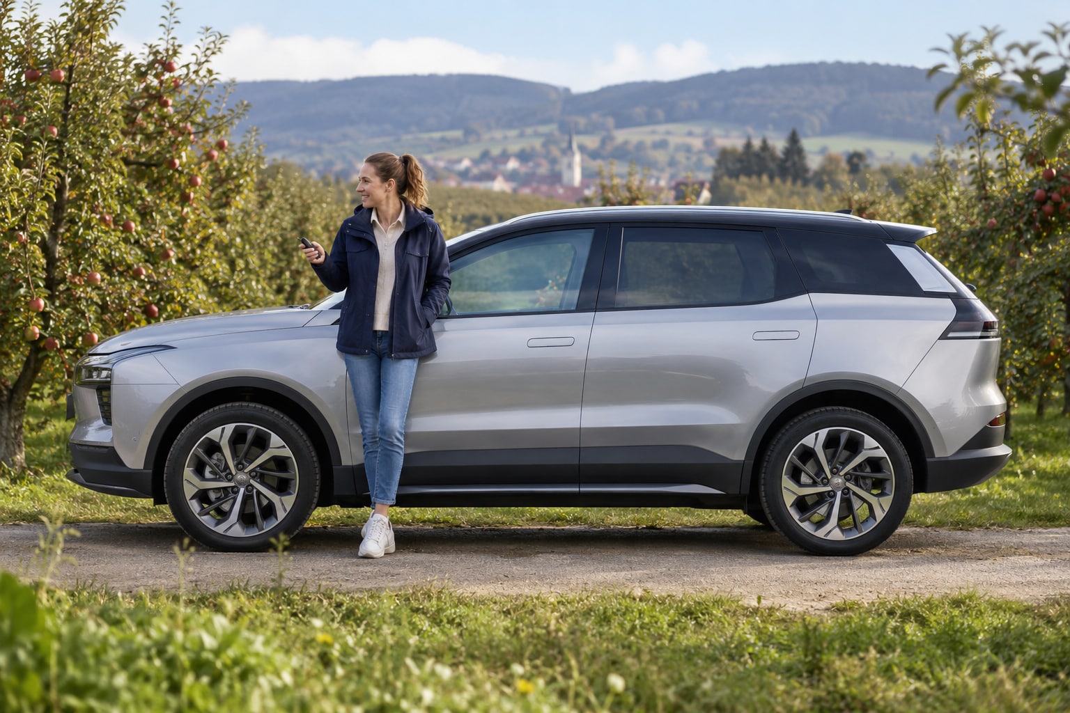 Aiways U5 Kfz-Versicherung: Familienfahrer und Akku-Schadenursachen gemeinsam vergleichen. Silberner Elektro-SUV mit Frau an einem Obstgarten: Aiways U5 Autoversicherung