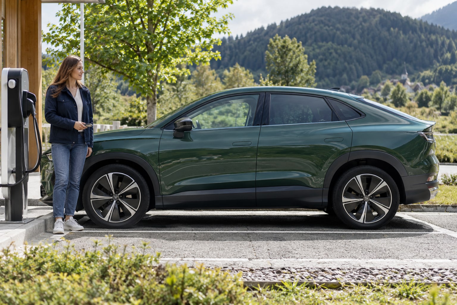 Aiways U6 Autoversicherung: Coupé-Karosserie, Glas und Elektro-Zubehör im Kaskovergleich. Aiways U6: grünes Elektro-SUV-Coupé mit Frau an einer Ladestation