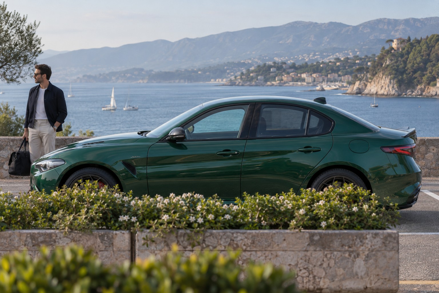 Alfa Romeo Giulia Quadrifoglio – Fahrzeug und Versicherung Alfa Romeo Giulia Quadrifoglio im Seitenprofil; grüner Wagen mit natürlichen Vordergrundpflanzen