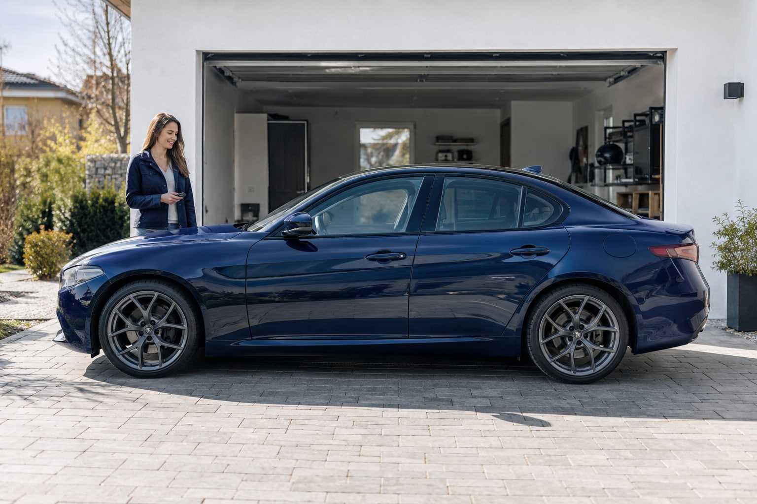 Alfa Romeo Autoversicherung: Blaue Sportlimousine mit Frau vor einer Garage