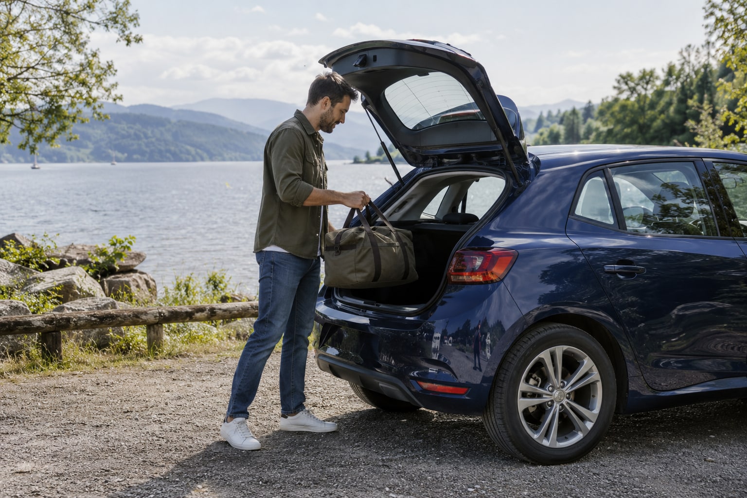 Allianz Direct Autoversicherung: Mann hebt eine Reisetasche in einen blauen Kompaktwagen an einem See