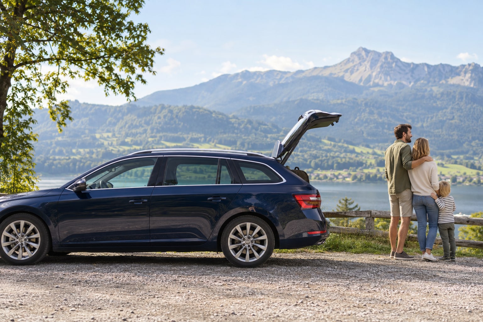 Allianz Autoversicherung: Welcher Tarif passt zu Neuwagen, Gebrauchtwagen und Elektroauto? Paar mit Hund und blauem Kombi an einem Bergsee