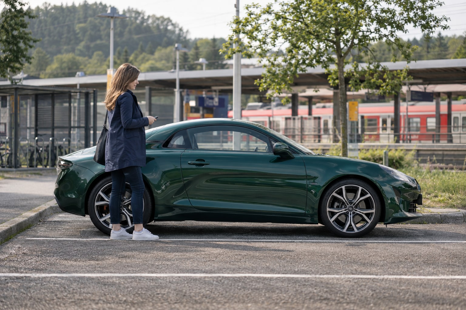 Alpine Kfz-Versicherung: A110-Sportwagen, A290-Stadtauto und A390-Fastback anhand ihres Einsatzes vergleichen. Grüner sportlicher Fließheckwagen mit Frau auf einem Parkplatz: Alpine Autoversicherung