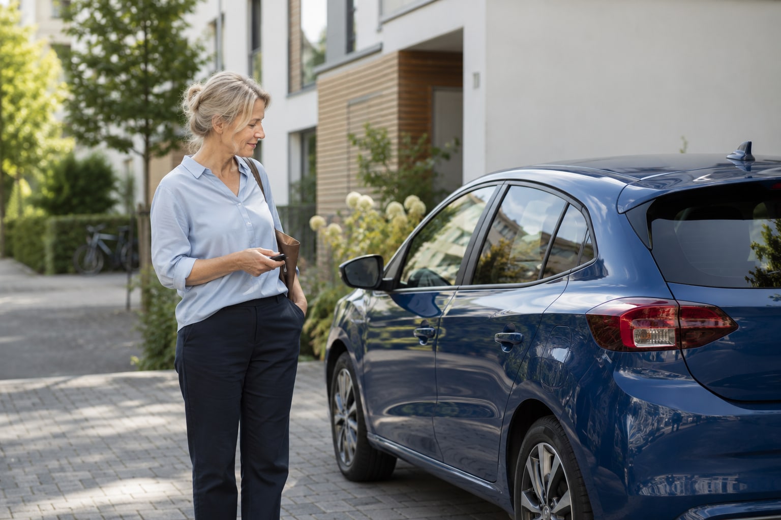 Frau mit Autoschlüssel neben einem blauen Pkw vor einem Wohnhaus