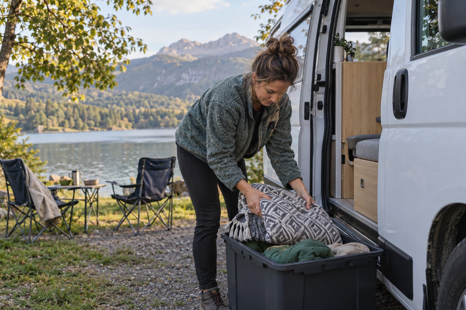 Ammerländer WoMobil: Campingausrüstung und Autoversicherung getrennt absichern. Camperin packt eine Decke in eine Aufbewahrungsbox neben dem Reisemobil