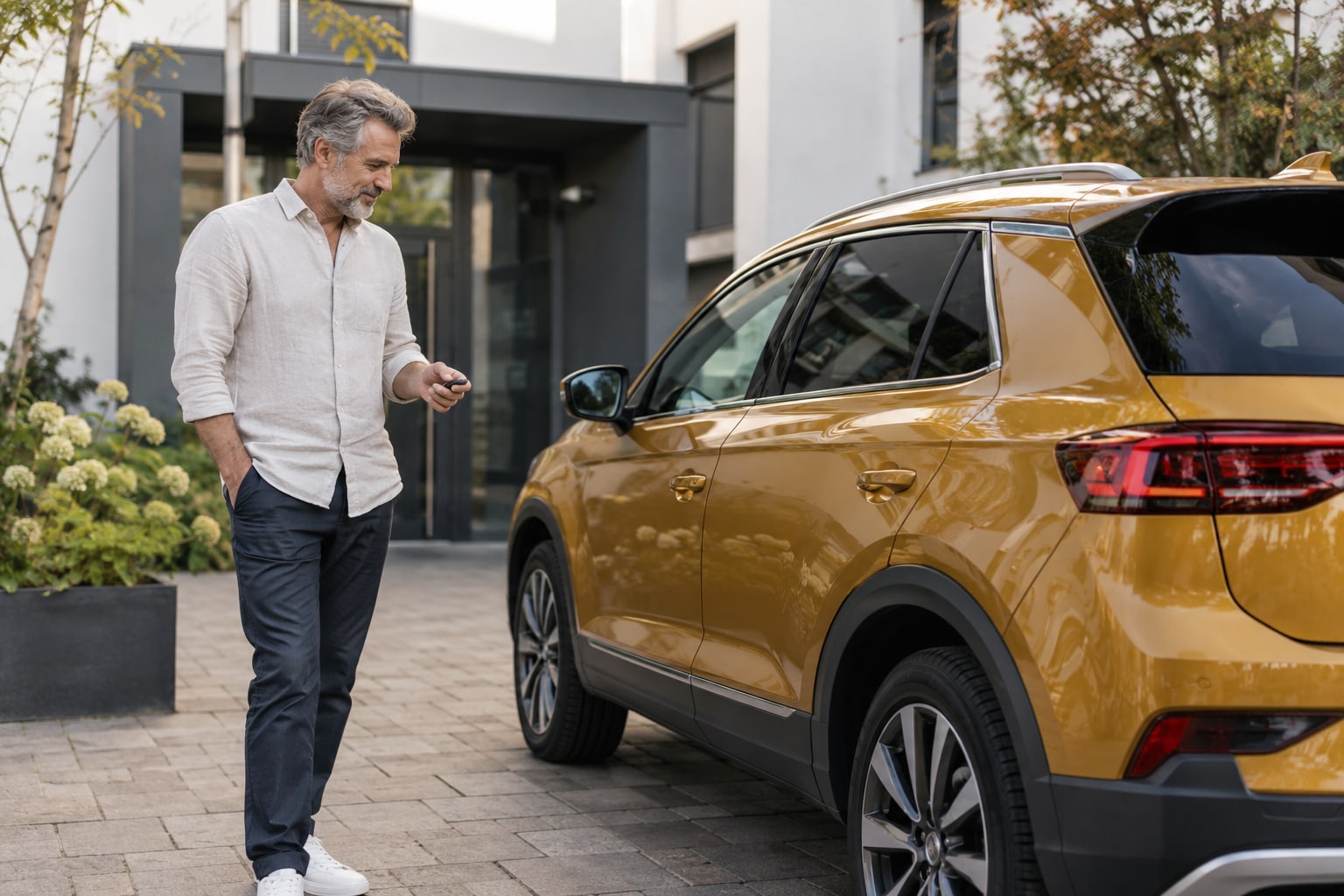 Mann mit Autoschlüssel vor einem goldfarbenen SUV an einer Garage