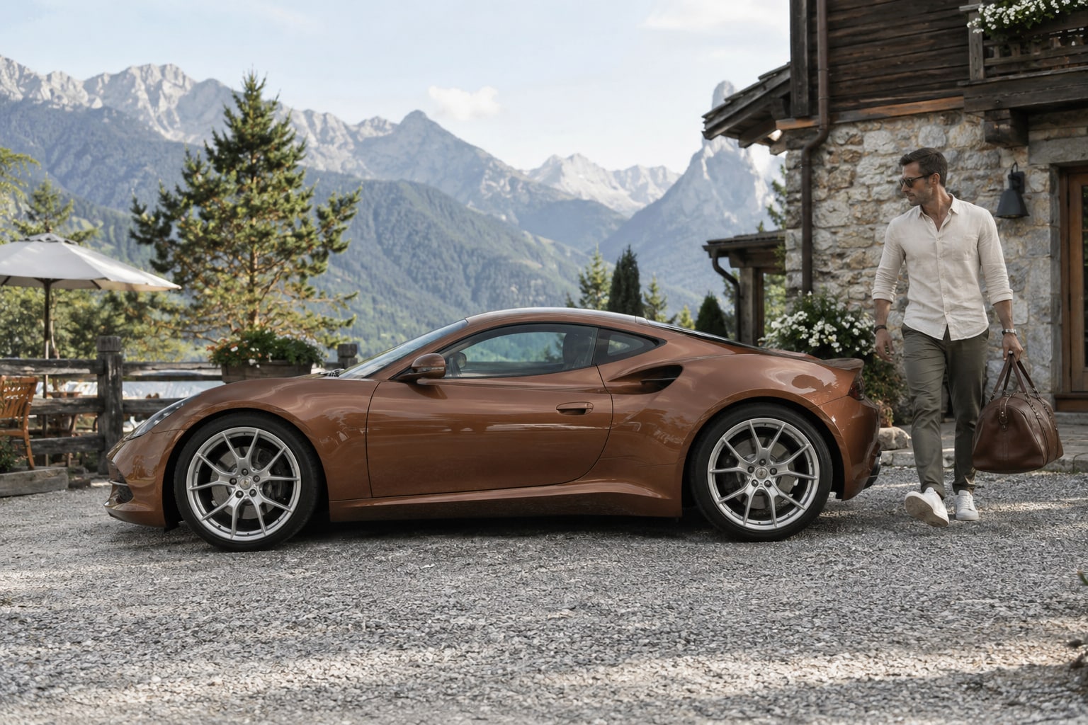 Artega GT Autoversicherung: Fahrzeugzustand, Ersatzwert und geeigneten Reparaturweg vor einem Schaden dokumentieren. Artega GT: bronzefarbenes Sportcoupé mit Mann vor einem Berggasthof
