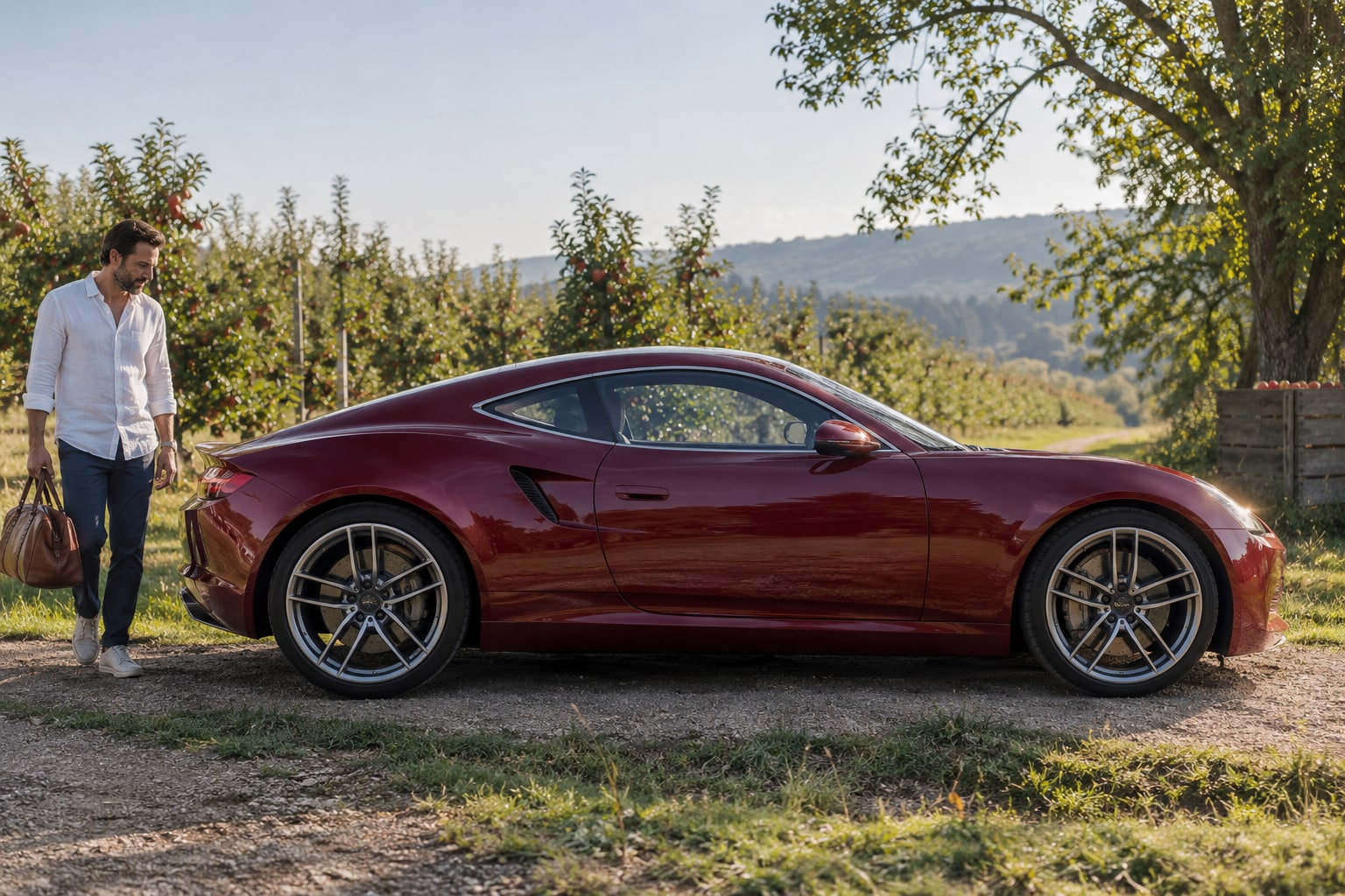 Artega Scalo: Zulassungsstatus und Einzelstück vor einer Versicherungsentscheidung klären. Bordeauxrotes flaches Sportcoupé mit Mann an einem Obstgarten: Artega Scalo Autoversicherung