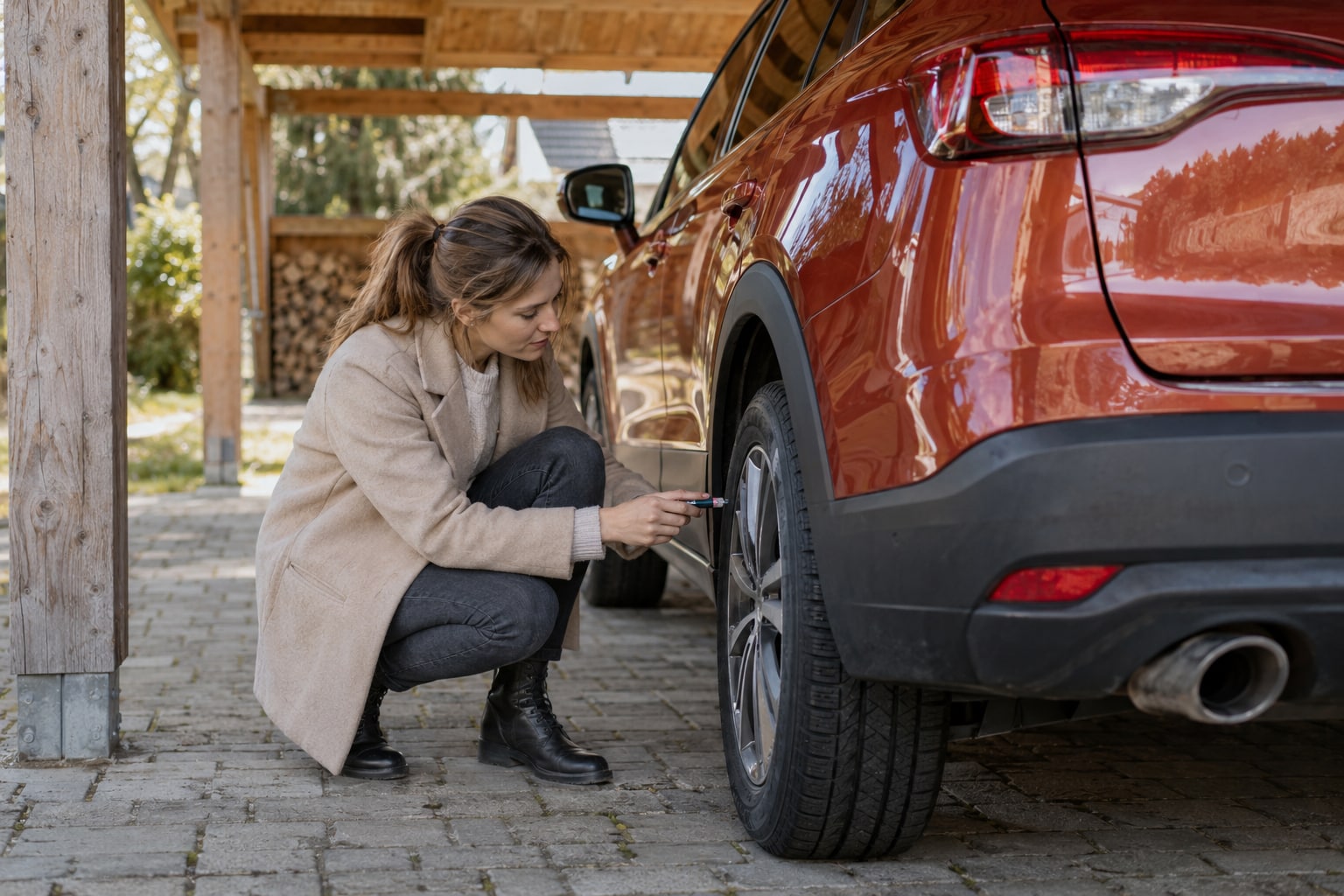 Frau kontrolliert den Reifendruck an einem roten Fahrzeug unter einem Carport
