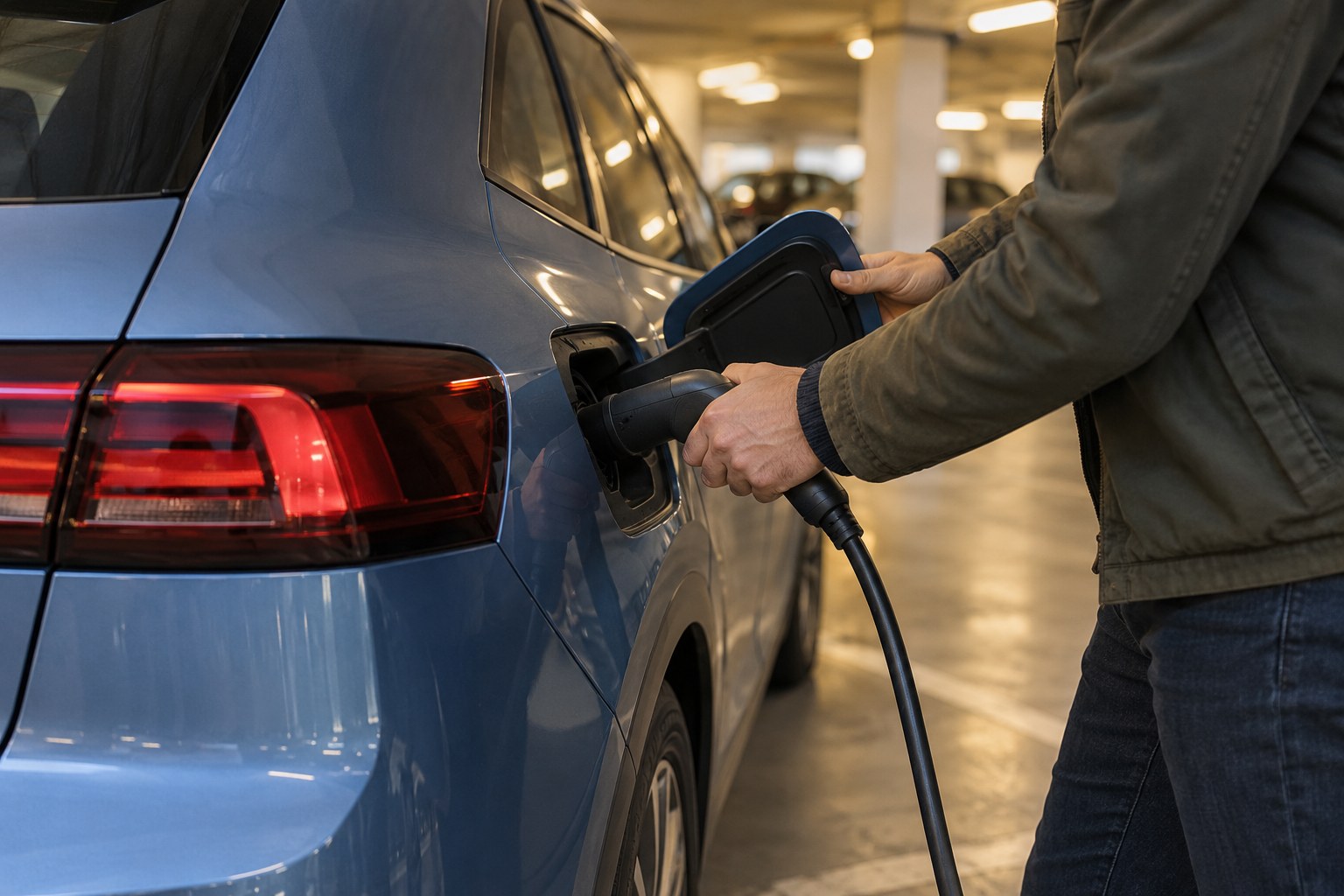 Person zieht einen Ladestecker aus dem Ladeanschluss eines blauen Autos in einer Tiefgarage