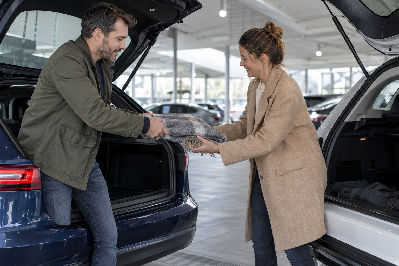 Beim Fahrzeugwechsel brauchen das alte und das neue Auto abgestimmte Versicherungszeiträume. Zwei Personen räumen Gepäck zwischen zwei geöffneten Kofferräumen um