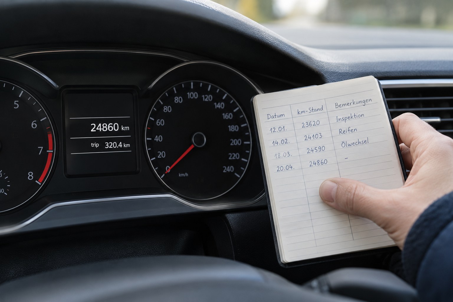 Kilometeranzeige und Fahrtennotizen zur Meldung der Jahresfahrleistung an die Autoversicherung