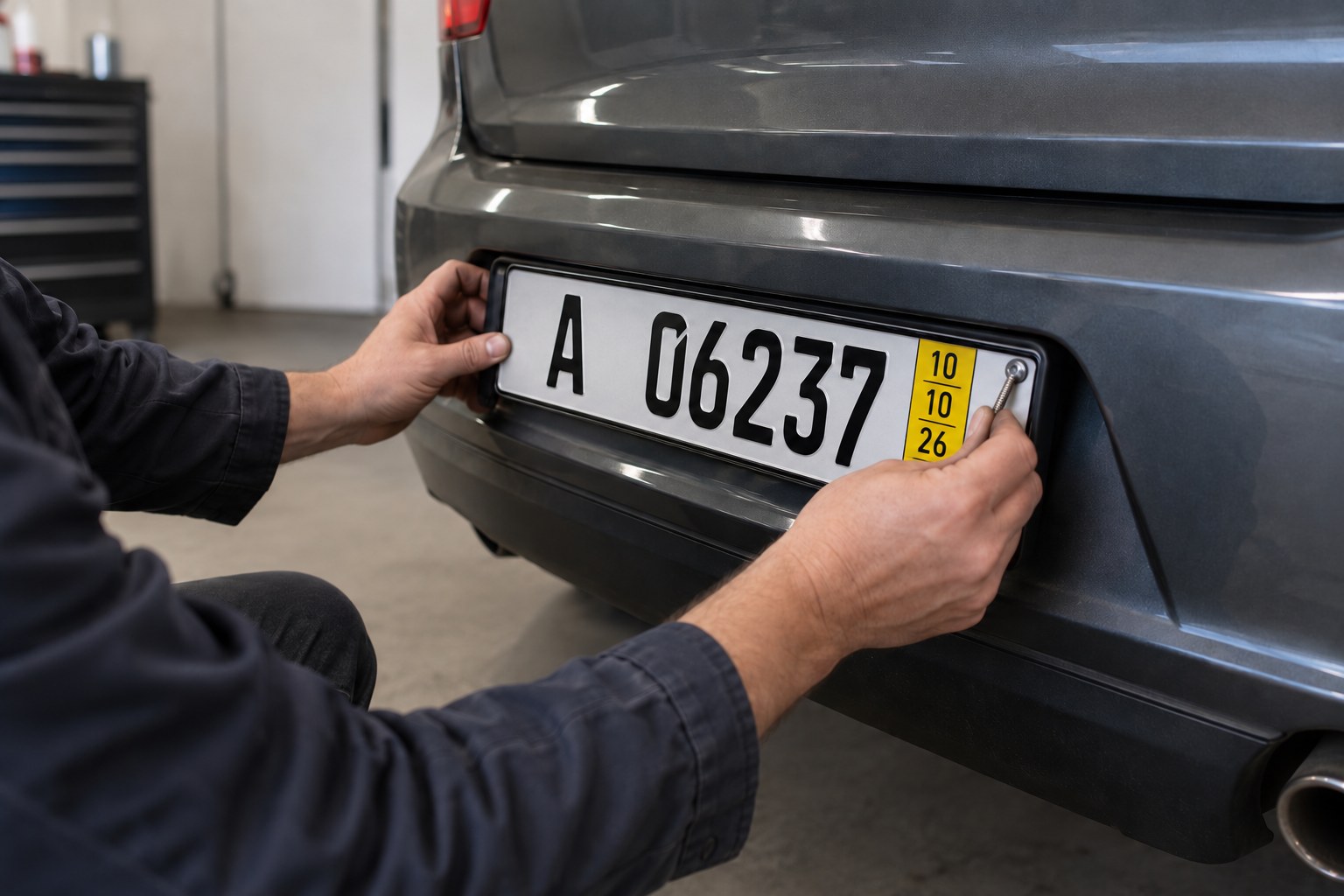 Person befestigt ein Kurzzeitkennzeichen an einem grauen Auto in einer Werkstatt