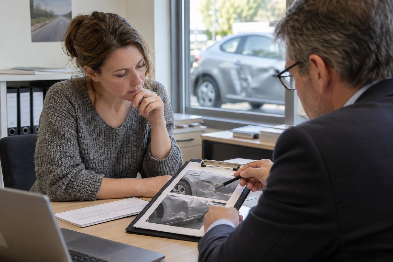 Bei einer Leistungsablehnung sind Begründung, Vertragsbedingungen und Nachweise zu prüfen. Frau bespricht Schadenunterlagen mit einem Berater in einem Büro