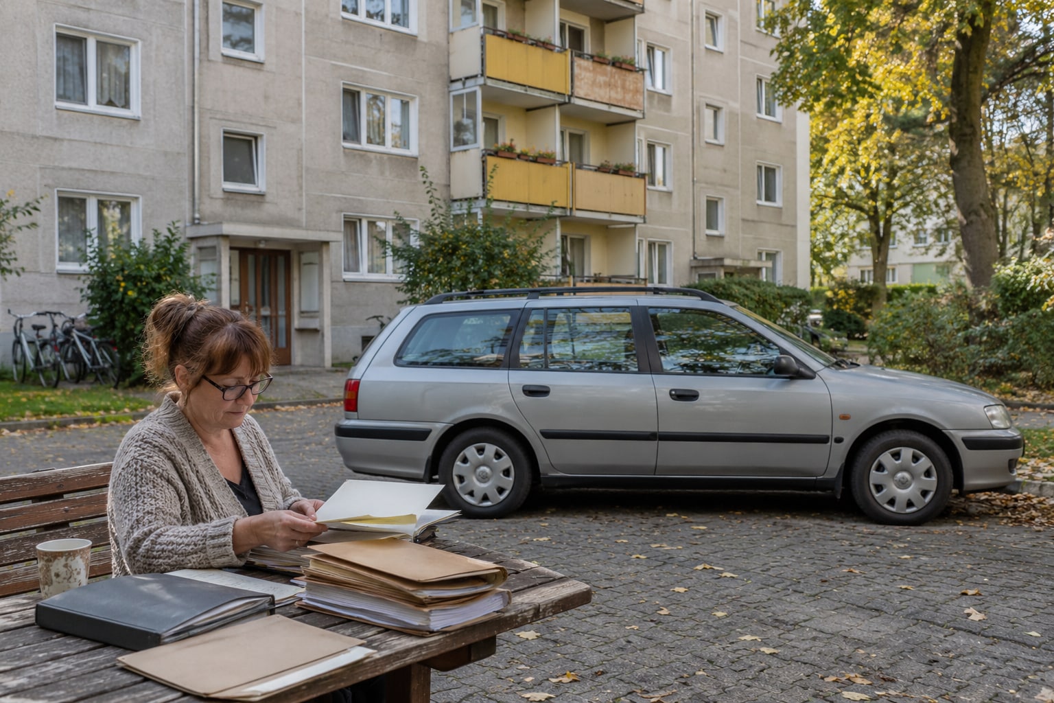 Frau sortiert alte Policen auf einer Holzbank neben einem silbernen Kombi