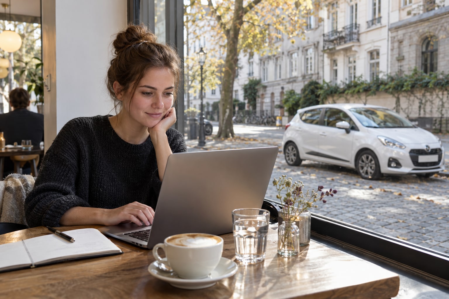 AXA easy Kfz-Versicherung: Reicht mobil online oder brauchen Sie zusätzlichen Fahrzeugwertschutz? AXA easy Autoversicherung: Junge Frau vergleicht Unterlagen am Laptop in einem Café mit Blick auf einen weißen Kleinwagen