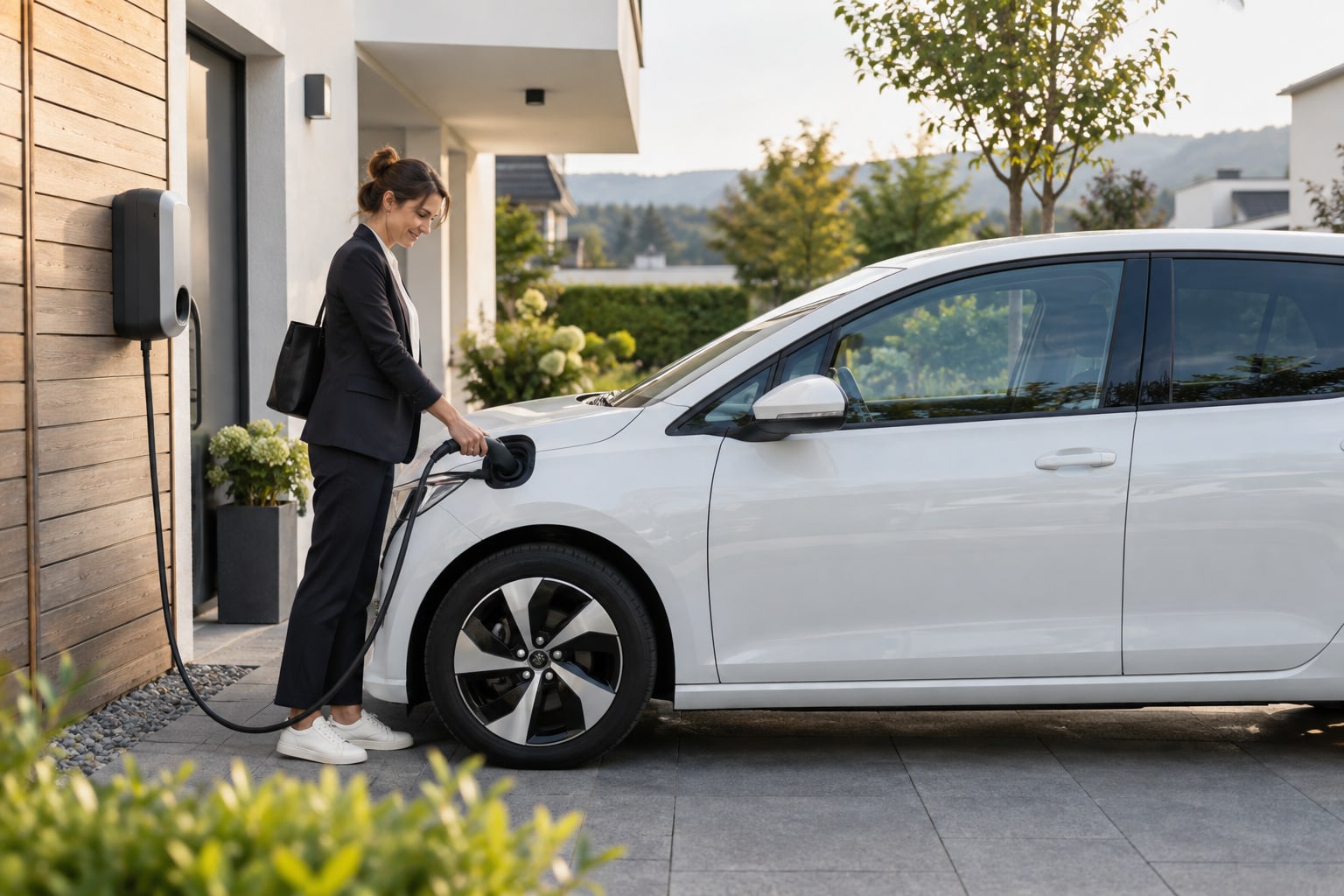 Frau schließt ein weißes Elektroauto an einer privaten Ladestation an