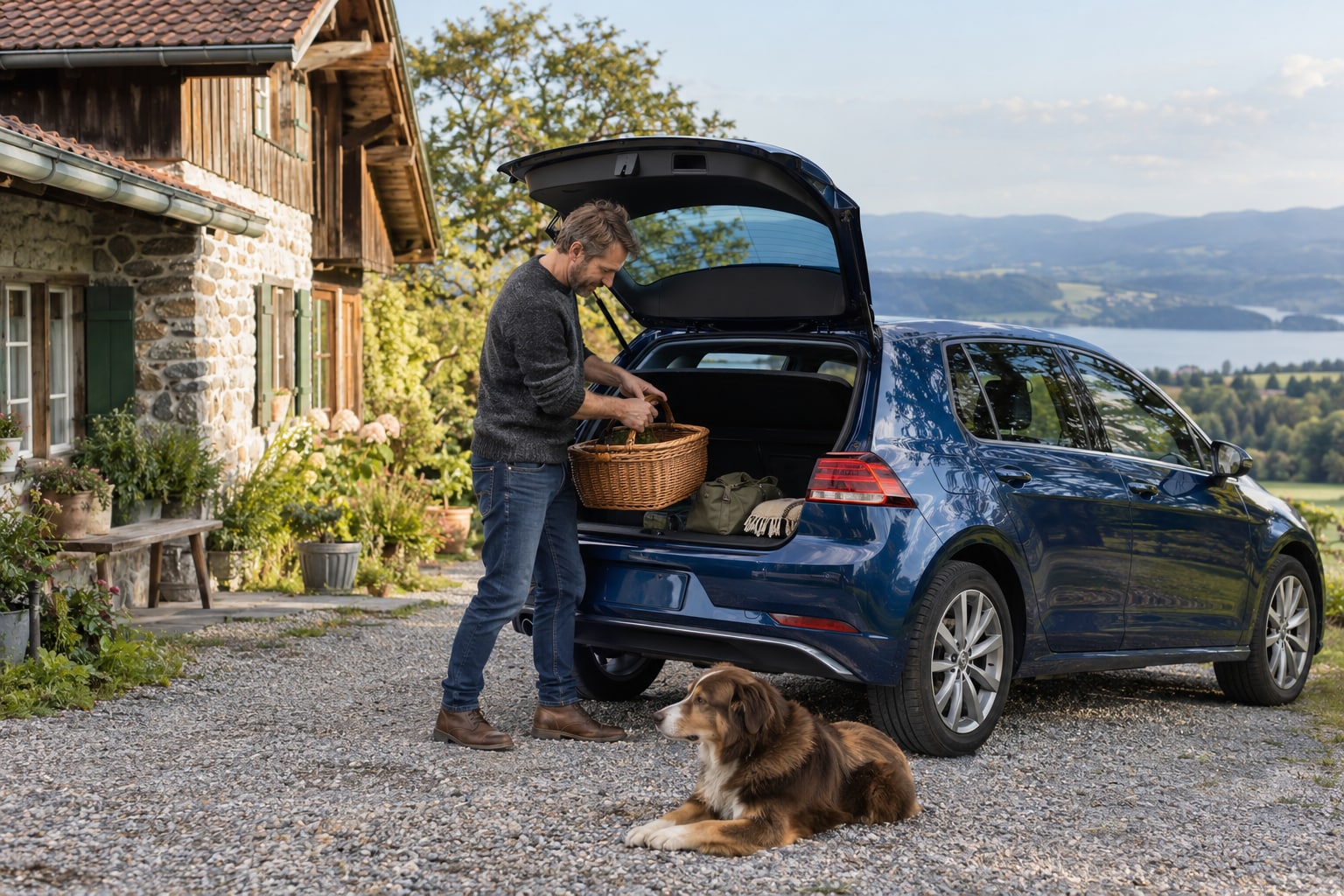 Barmenia Autoversicherung: Welche Tarifstufe passt zu längeren Reisen mit einem Mietwagen? Mann packt einen Korb in einen blauen Kompaktwagen vor einem Landhaus mit Hund im Vordergrund