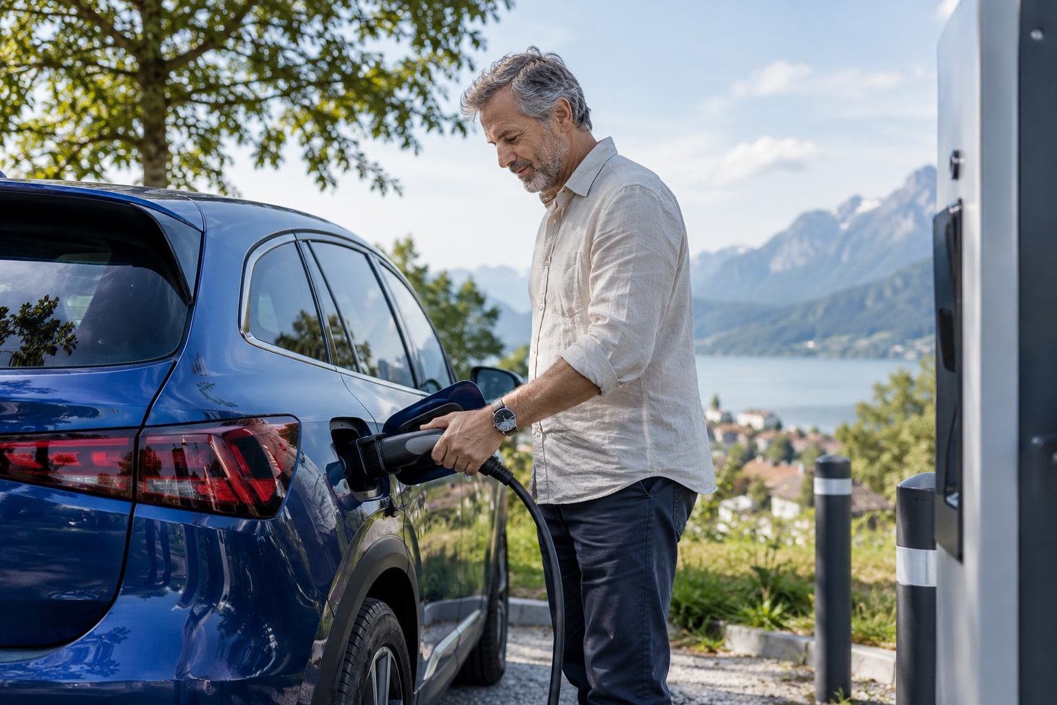 BavariaDirekt Autoversicherung: Welche Erweiterungen passen zu einem täglich genutzten Pkw? BavariaDirekt Autoversicherung: Mann steckt ein Ladekabel in einen blauen Pkw an einer Ladestation mit Bergblick