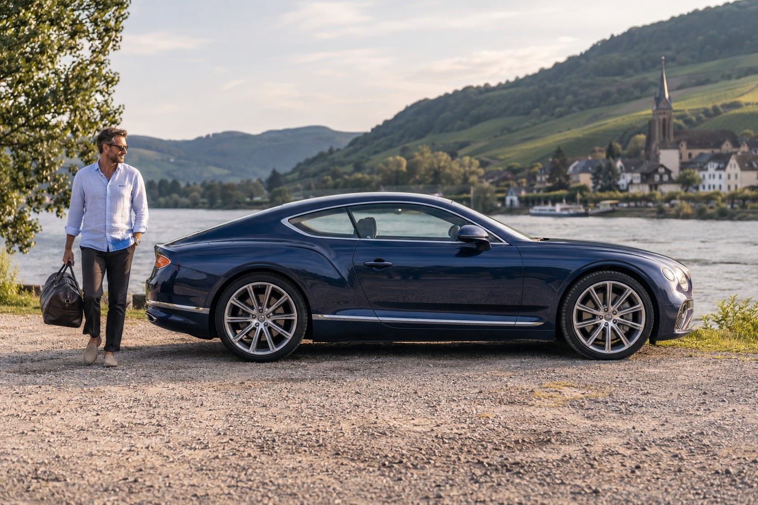Blaues Luxus-Coupé mit Mann am Flussufer: Bentley Autoversicherung