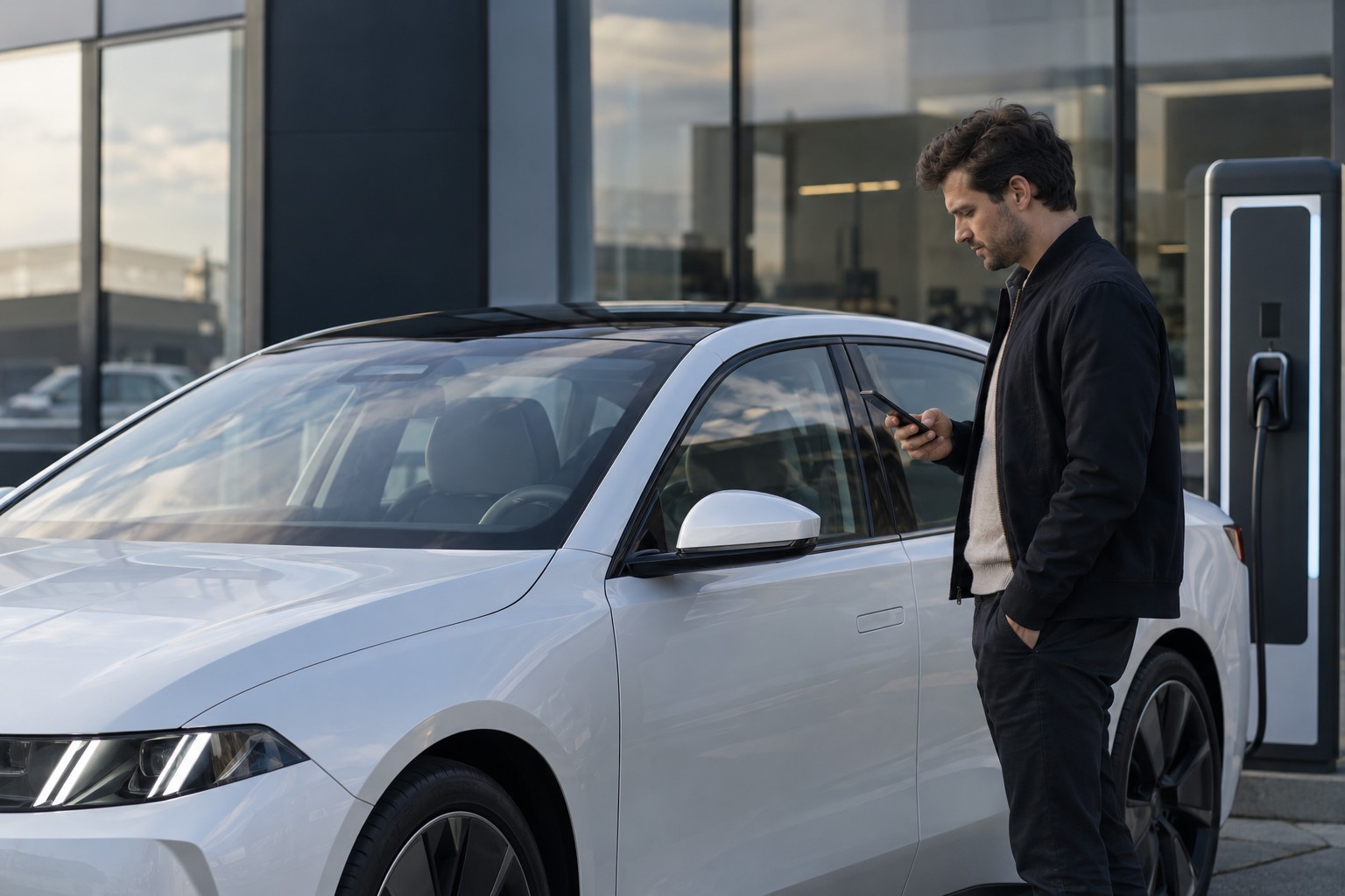 BMW i3: Baujahr und Karosserie verhindern die Verwechslung beider Generationen. Mann mit Smartphone neben einer weißen Limousine an einer Ladestation