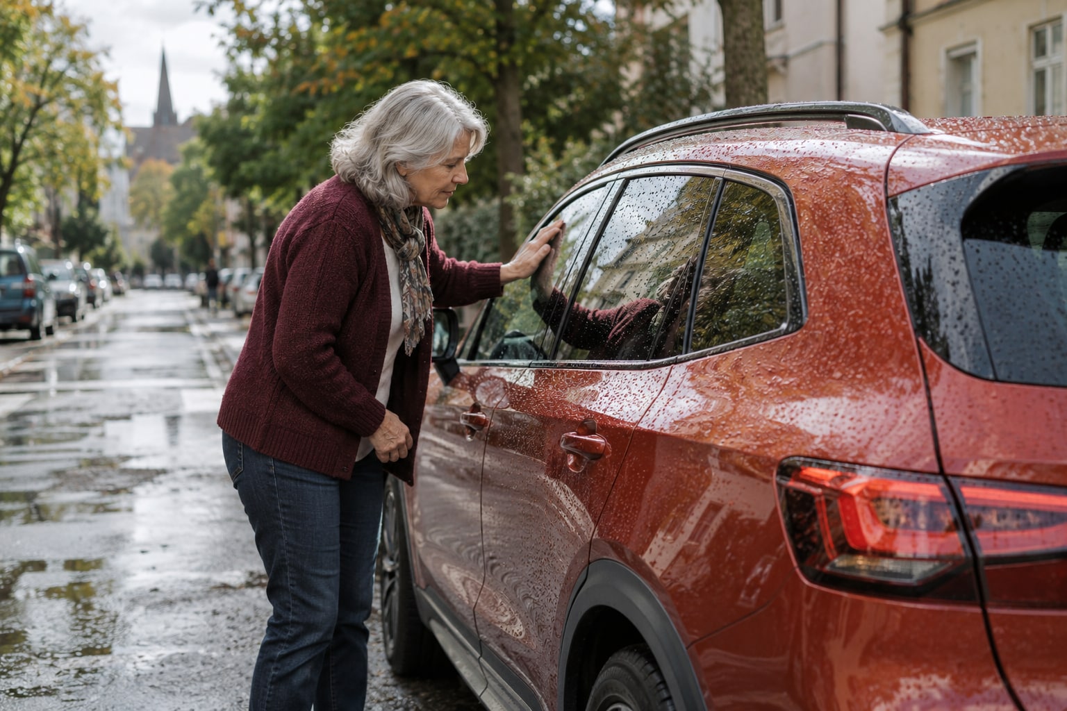 Ältere Frau an der Fahrertür eines kupferfarbenen SUV nach einem Regenschauer