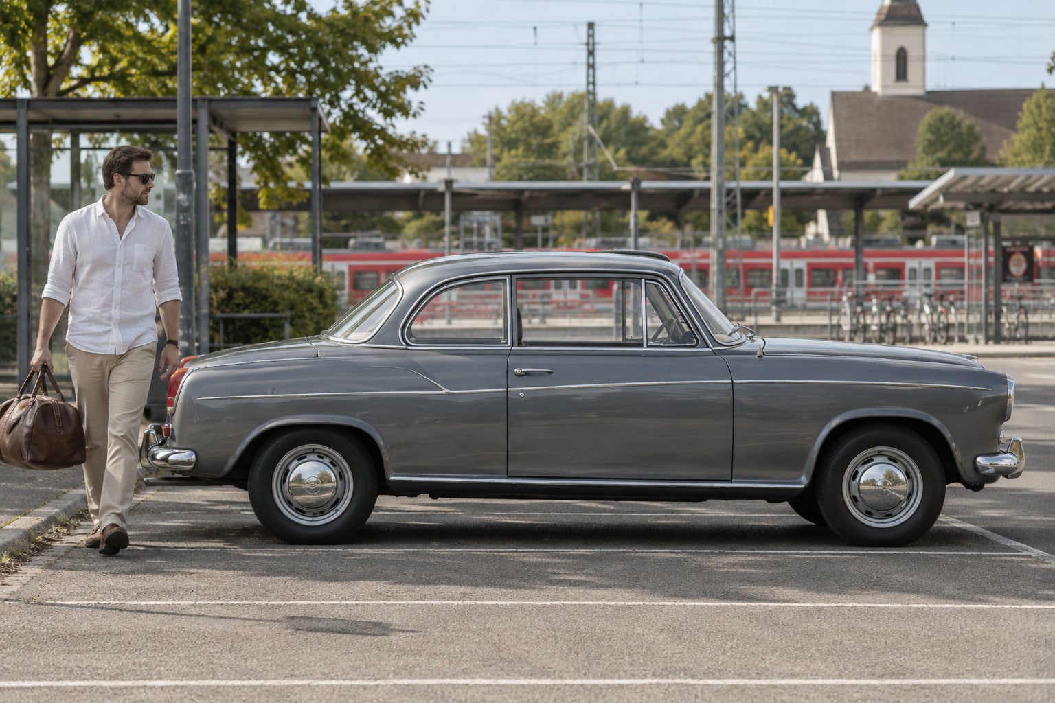 Grauer historischer Pkw mit Mann auf einem Parkplatz: Borgward Autoversicherung