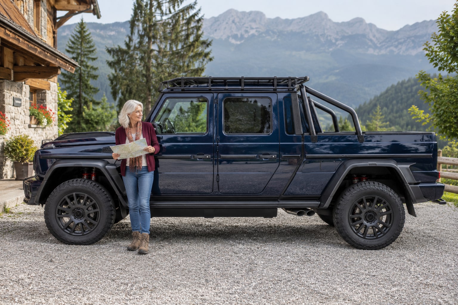 BRABUS 800 Adventure XLP Autoversicherung: Pickup-Aufbau, Fahrwerk und dokumentierten Fahrzeugwert gemeinsam prüfen. Brabus 800 Adventure XLP: blauer hochgelegter Geländepickup mit Frau vor einem Berggasthof