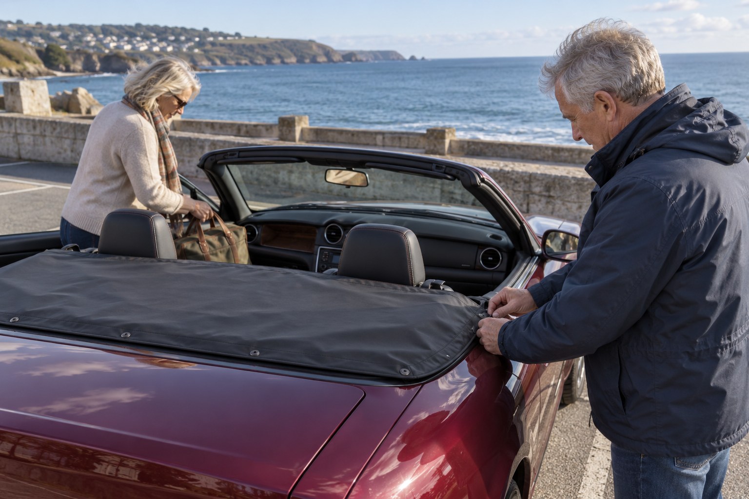 Cabrio-Versicherung bei Schäden am Verdeck Älteres Paar befestigt eine Abdeckung an einem offenen roten Cabrio am Meer