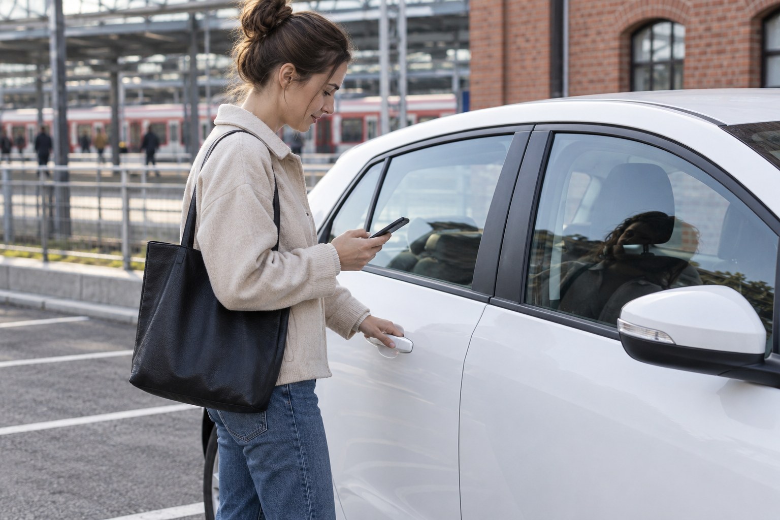Carsharing: Fahrerfreigabe und Eigenanteil prüfen Carsharing-Versicherung: Frau prüft ihr Smartphone an der Fahrertür eines weißen Autos auf einem Parkplatz