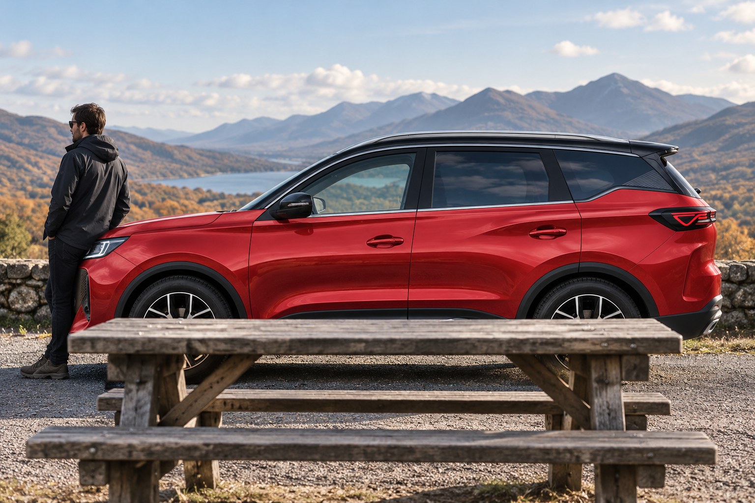 Chery Tiggo: Marktversion und Kaskoschutz zuordnen Roter Chery Tiggo 7 seitlich an einem Rastplatz mit Holzbank und einer Person vor der Fahrzeugfront