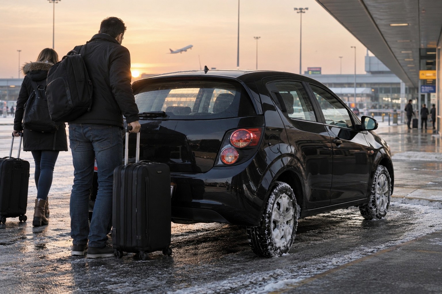Chevrolet Aveo: Aveo-Baureihe und Karosserie helfen, Chevrolet- und frühere Daewoo-Bezeichnungen richtig zu erfassen. Schwarzer Chevrolet Aveo am Flughafen mit Rollkoffern