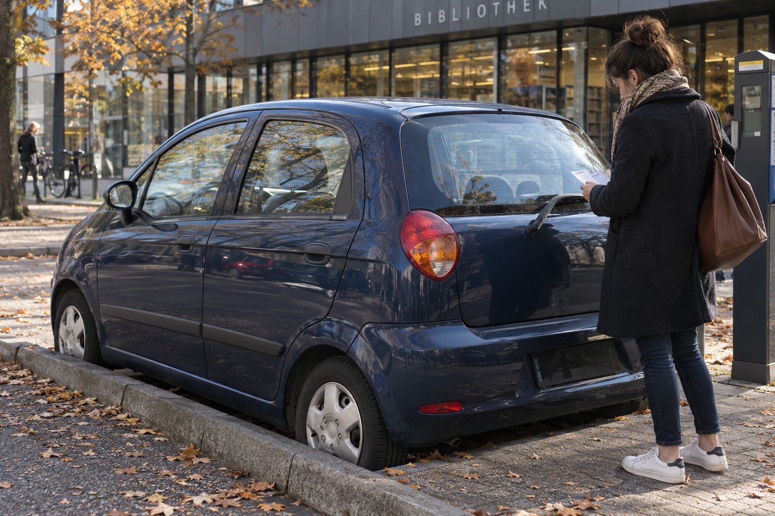 Dunkelblauer Chevrolet Matiz vor einer Bibliothek neben einer Person mit Parkschein