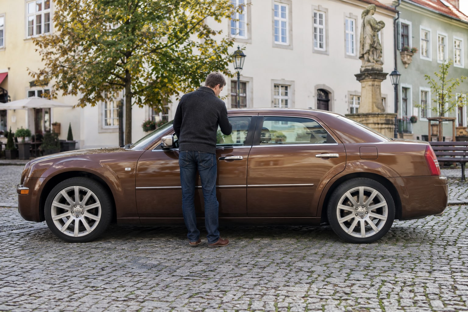 Chrysler 300C Kfz-Versicherung: Touring, Limousine und HEMI-Ausführung mit den richtigen Fahrzeugdaten berechnen. Braune Limousine auf einem Stadtplatz: Chrysler 300C Kfz-Versicherung nach Motorisierung