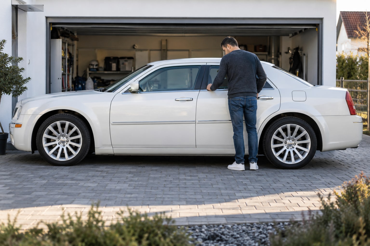 Chrysler Kfz-Versicherung: Welcher Tarif passt zu Familienvan, großer Limousine oder seltenem Roadster? Weiße große Limousine vor einer Garage: Chrysler Autoversicherung für individuelle Gebrauchtwagen