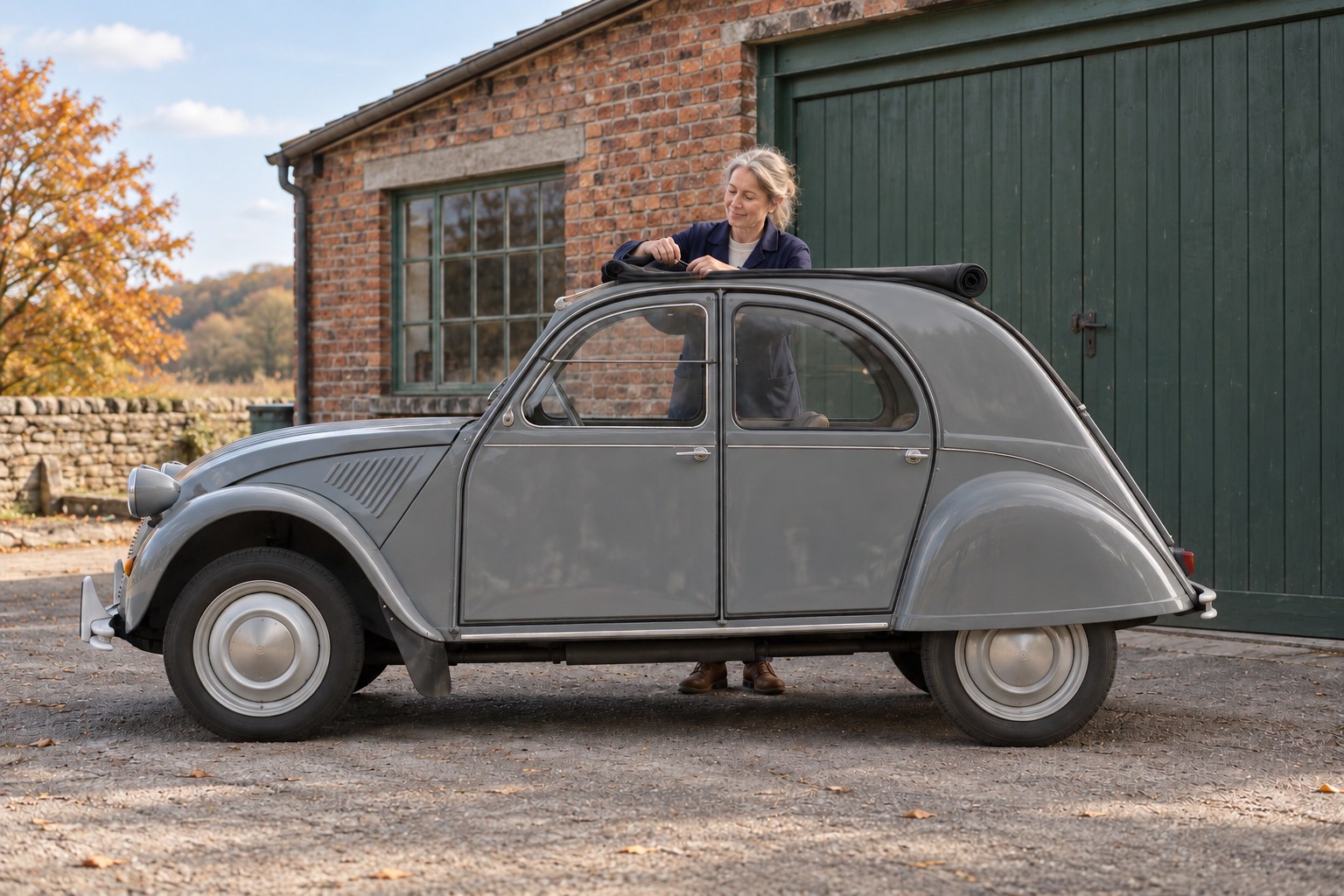 Citroën 2CV: Kfz-Versicherung für den Klassiker Citroën 2CV in grauer Lackierung: Frau prüft das aufgerollte Stoffdach vor einer Backsteingarage