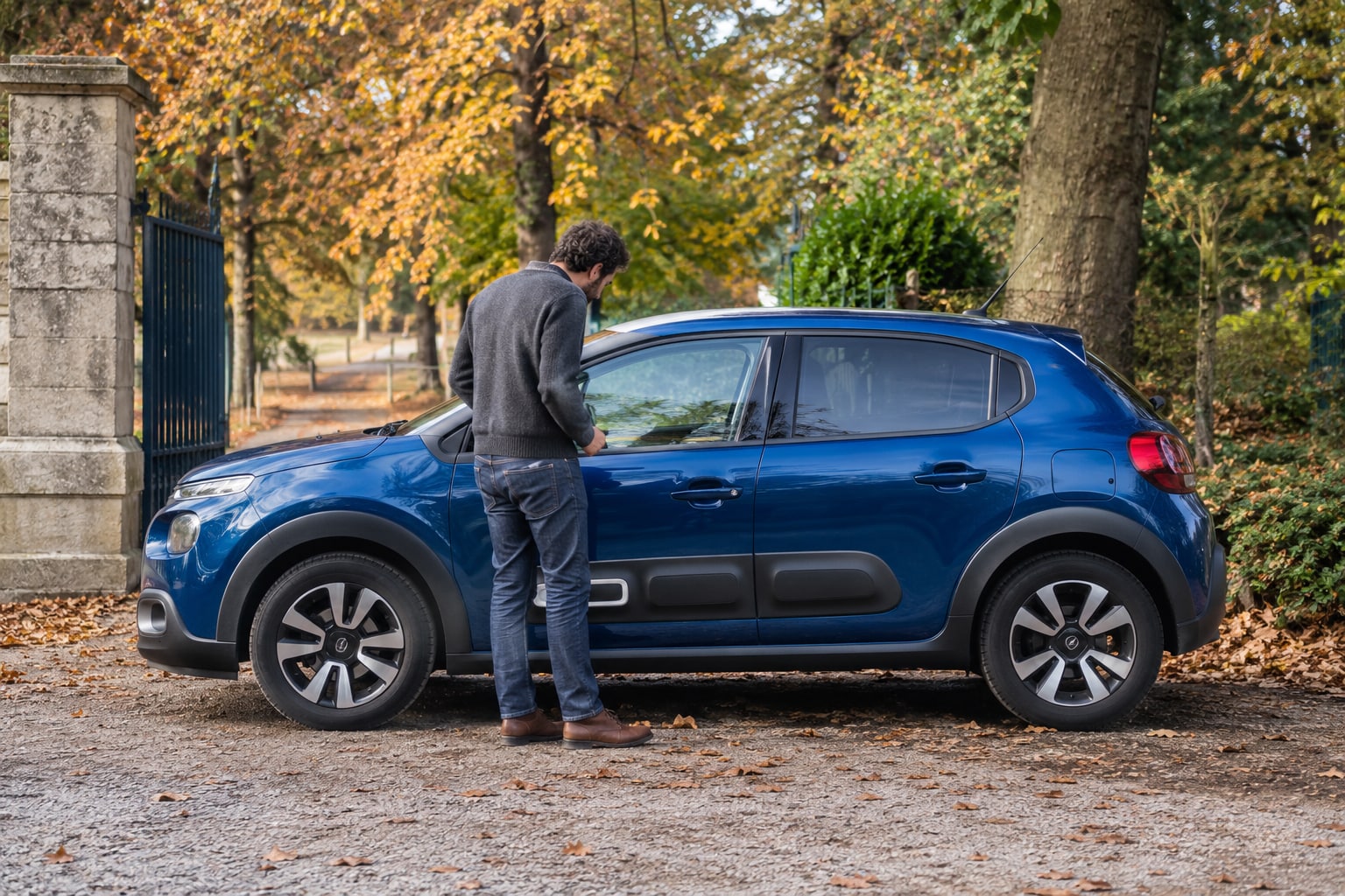 Citroën C3: blauer Kleinwagen im herbstlichen Park
