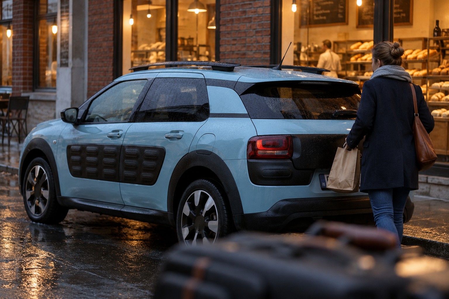 Hellblauer Citroën C4 Cactus vor einer Bäckerei auf nasser Straße
