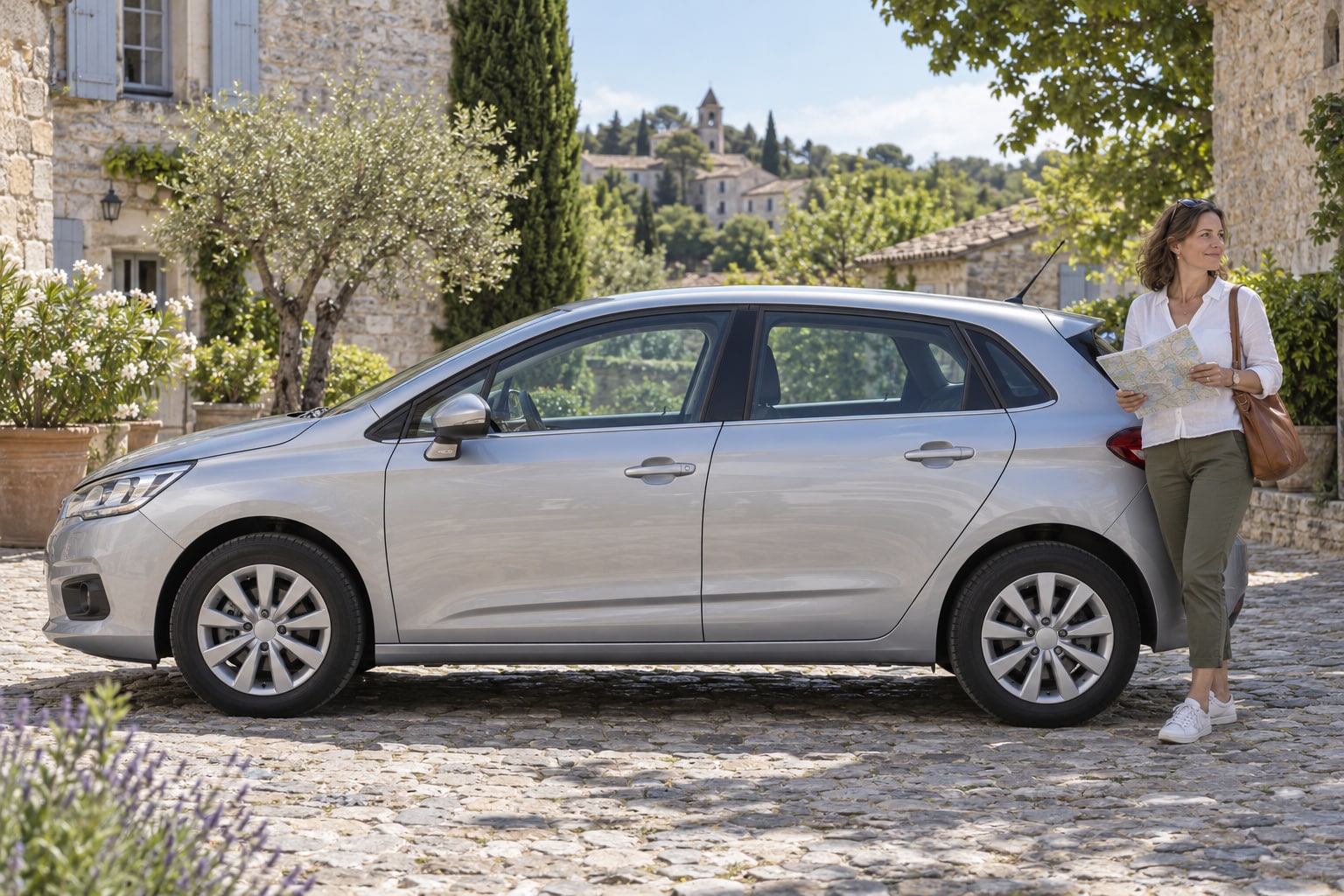 Citroën Autoversicherung: Welche Leistungen passen zu Kleinwagen, Elektroauto oder geräumigem Familien-Pkw? Citroën Autoversicherung: Silberner Kompaktwagen in einem steinernen Innenhof