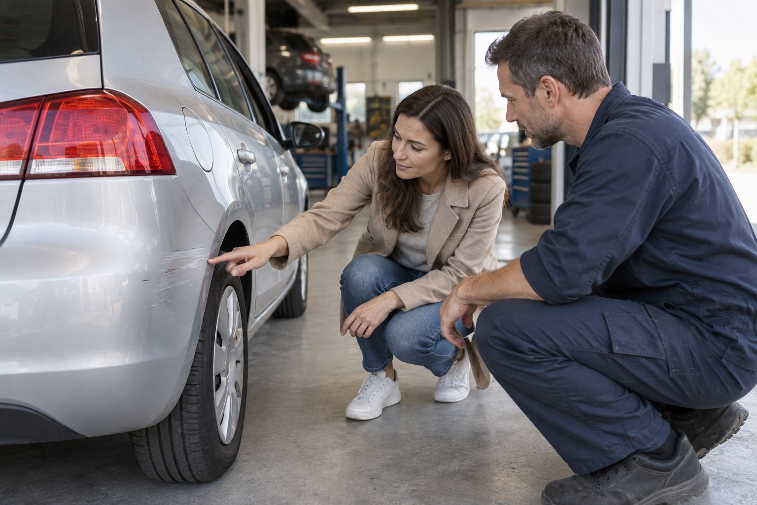 DA Direkt Kfz-Versicherung: Passt der Werkstattbonus zu Ihrem Auto und Ihren Reparaturwünschen? Autofahrerin und Mechaniker begutachten einen Kratzer am silbernen Kleinwagen vor einer Werkstatt