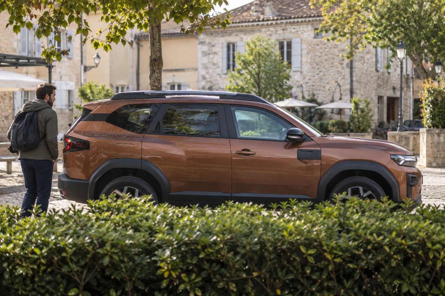 Mann mit Rucksack neben einem bronzefarbenen Dacia Bigster auf einem Platz