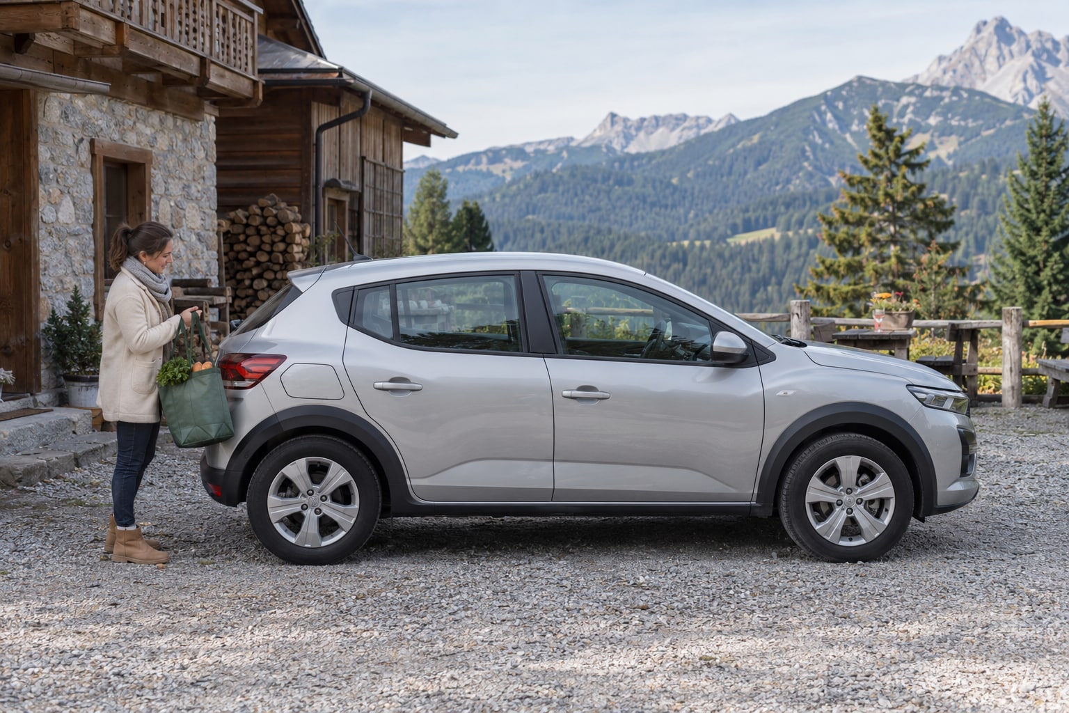 Silberner Kompaktwagen vor einem Holzhaus: Dacia Kfz-Versicherung für praktische Alltagsautos