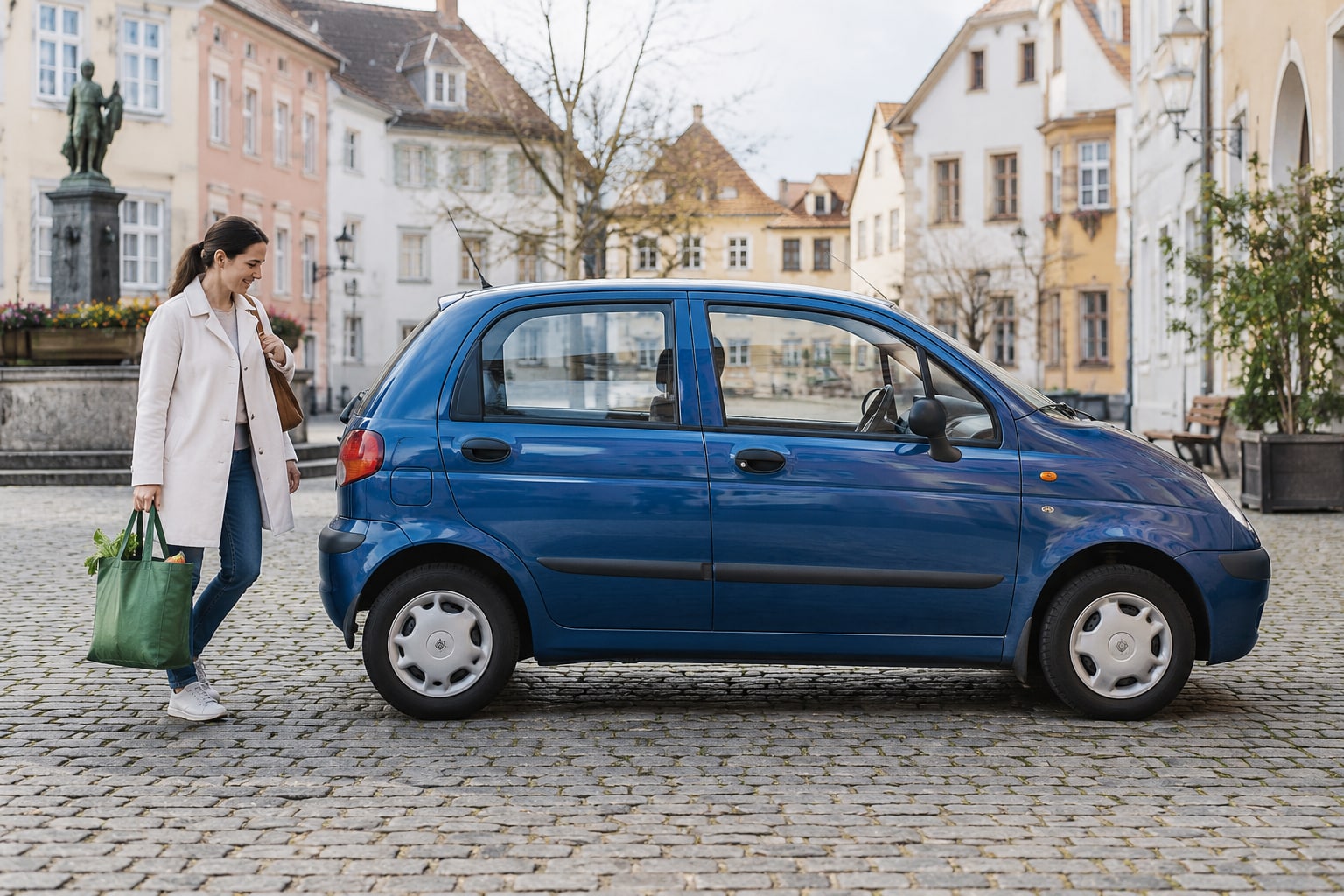 Blauer kleiner Stadtwagen auf einem historischen Platz: Daewoo Autoversicherung für Gebrauchtwagen