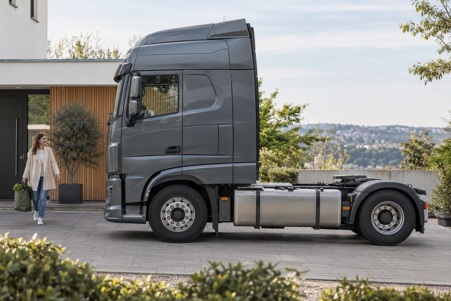 DAF Lkw-Versicherung: Welche Risiken gehören zum Fahrzeug und welche zu Transportgut oder Aufbau? Graue Sattelzugmaschine am Betriebshof: DAF Kfz-Versicherung für schwere Nutzfahrzeuge