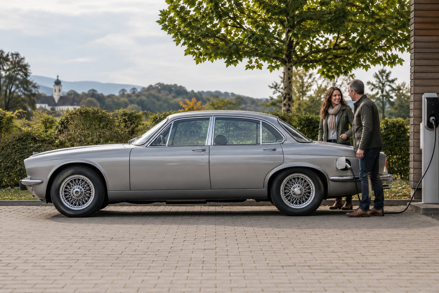 Daimler Sovereign: silberner britischer Luxusklassiker auf einer Terrasse