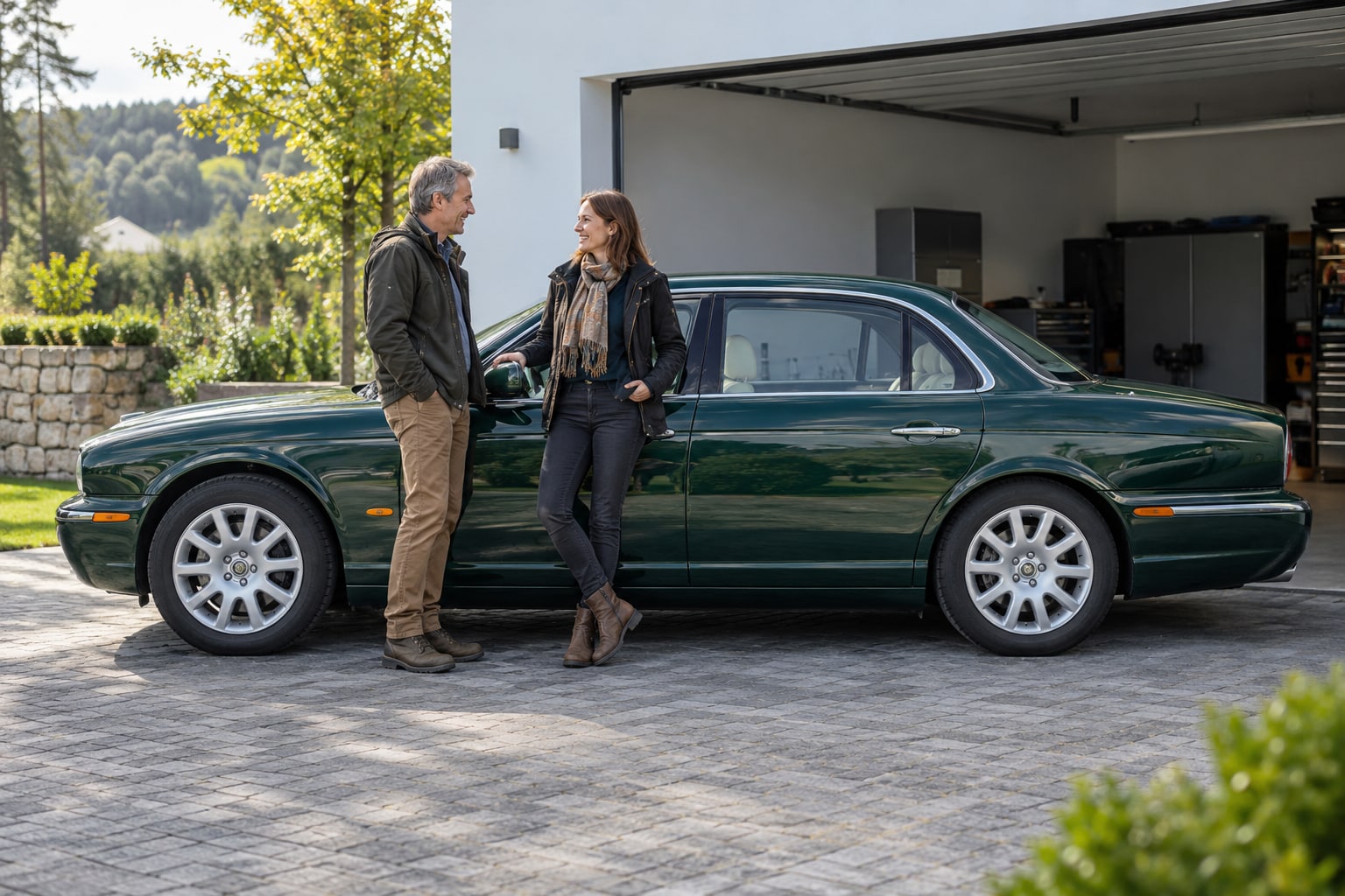 Daimler Super V8 Kfz-Versicherung: X308-Fahrzeugdaten und erhaltene Luxusausstattung eindeutig dokumentieren. Grüne Luxuslimousine vor einer Garage: Daimler Super V8 Kfz-Versicherung für den X308