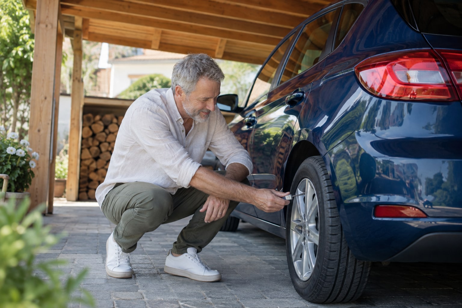 Mann prüft das Hinterrad eines blauen Autos unter einem Carport
